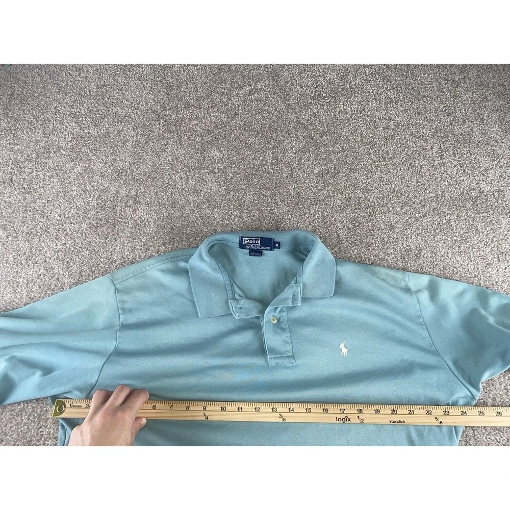Polo Ralph Lauren Greenish Blue Polo Shirt Made In USA Mens XL White Pony Cotton